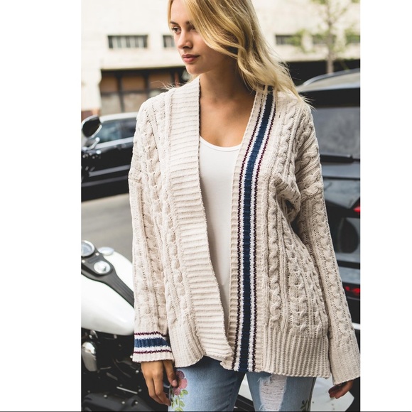 Desired Collection Sweaters - LAST Chenille Varsity Cardigan Cream